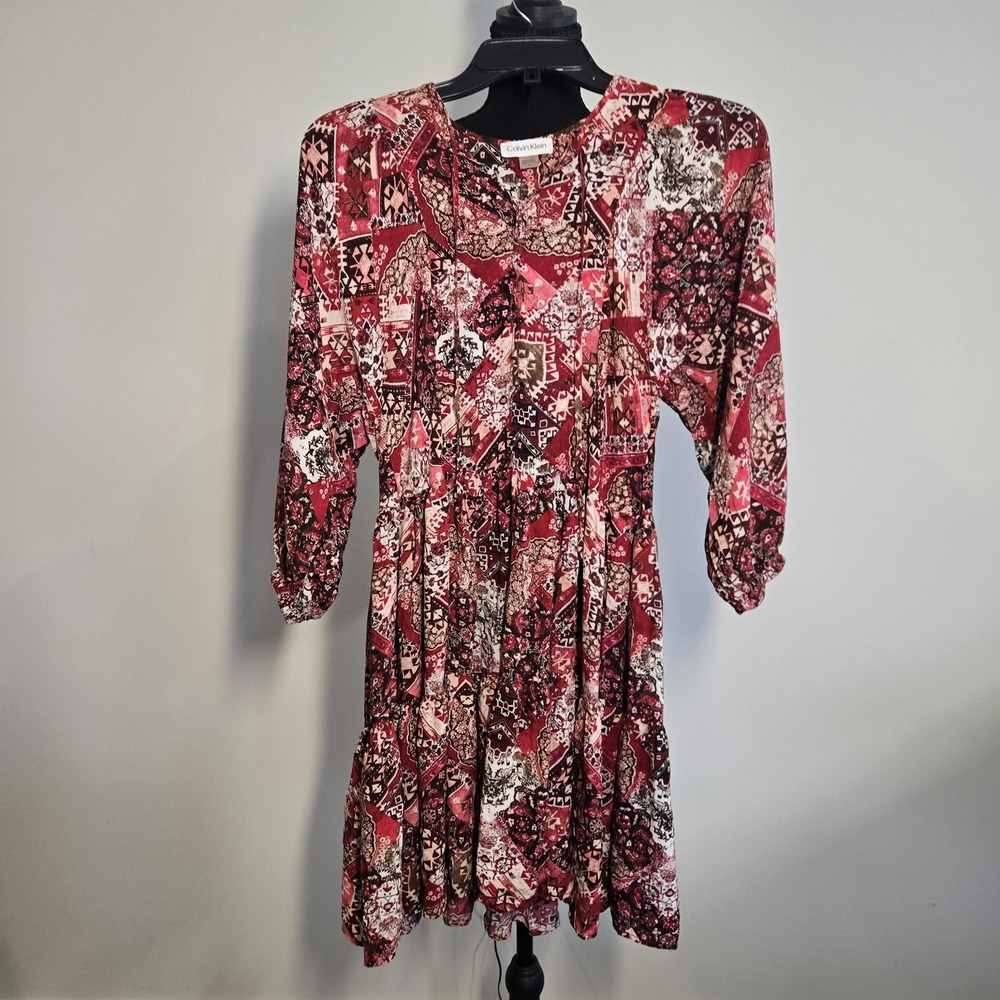 Calvin Klein Patchwork Dress Womens 2 Red Excellent Tiered Long Sleeve Tie Neck